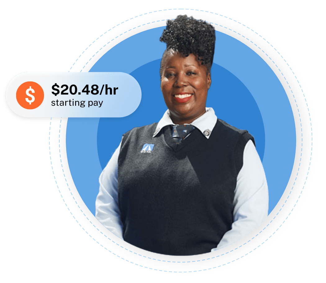 An OCTA Bus Driver smiling and pay rate shown of $20.48 per hour